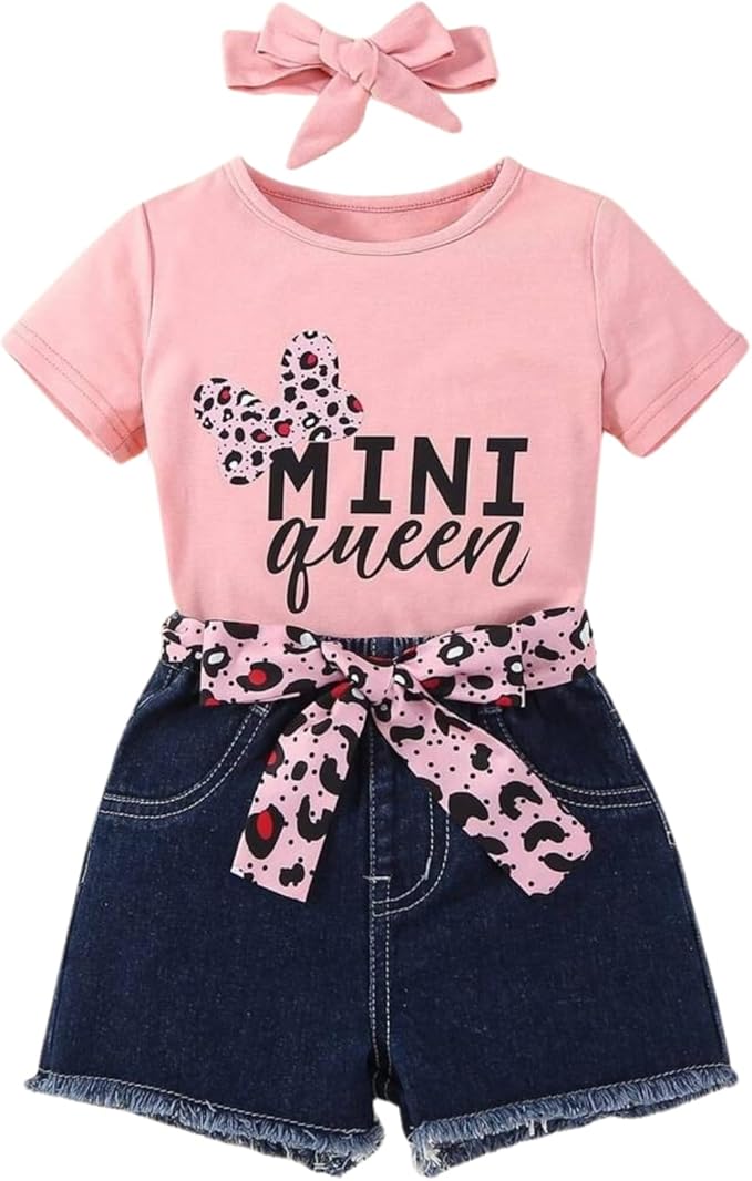 Girls Summer Clothes Print T-Shirt + Belted Denim Jeans