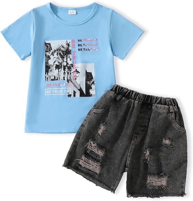 Girls Summer Clothes  Print T-Shirt + Belted Denim Jeans
