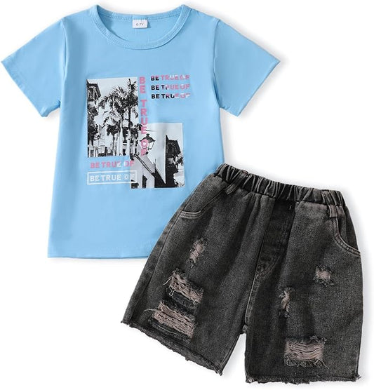 Girls Summer Clothes  Print T-Shirt + Belted Denim Jeans