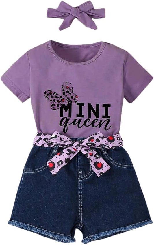 Girls Summer Clothes  Print T-Shirt + Belted Denim Jeans