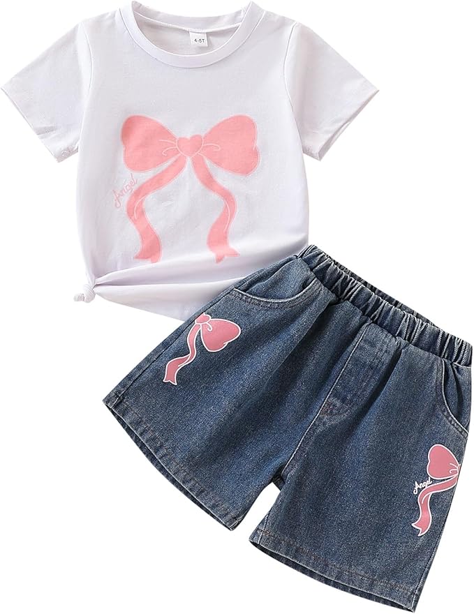 Girls Summer Clothes  Print T-Shirt + Belted Denim Jeans